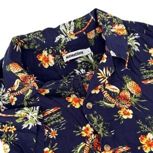 Sunsations Mens Hawaiian Shirt Large Navy Blue Tropical Pineapple Hibiscus Print